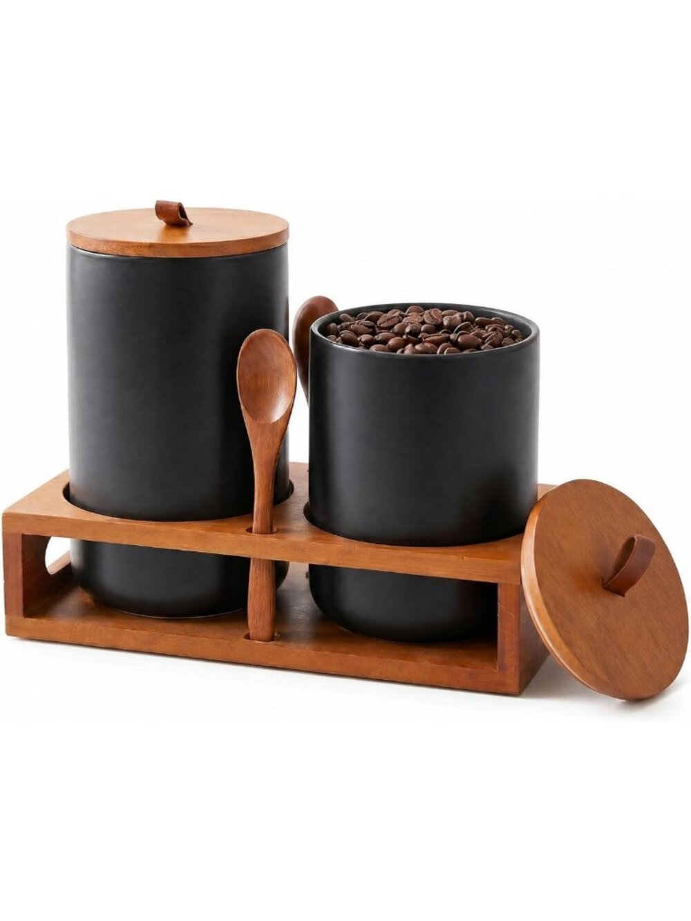 Stylish Black Ceramic Canister Set with Bamboo Lids & Wooden Stand - 2 Piece